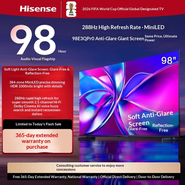Hisense 98E3Q Pro 98" 4K HDR10 TV with 288Hz Refresh Rate and Mini Class Control