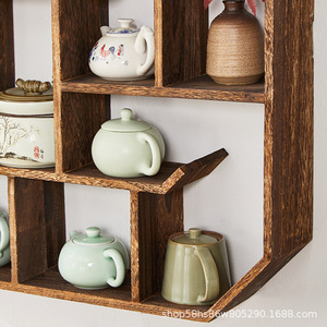 Estante de exhibición de madera maciza antigua, montado en la pared, estilo chino, con múltiples compartimentos, para almacenamiento de té en la sala de té. - Product Image 4