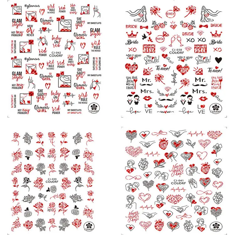 Coeur Laser saint valentin 3D/5D Nail Art autocollants mignon Animal anglais lettre fleurs vernis enveloppes auto-adhésif bricolage décalcomanie