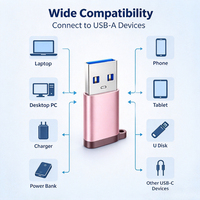 Adaptor USB ke USB-C Warna Pink, USB 3.0 5Gbps, Aluminium, Female ke USB-A Male, untuk Laptop, Ponsel, PC