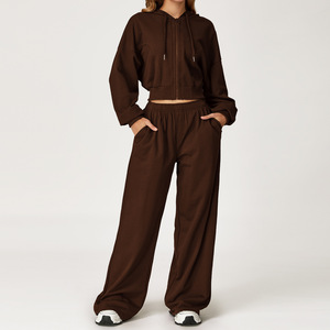 Ensemble décontracté 2 pièces pour femme : sweat à capuche court zippé en molleton bouclette et pantalon large, <span class=keywords><strong>couleur</strong></span> unie, style streetwear pour l'automne - Product Image 2
