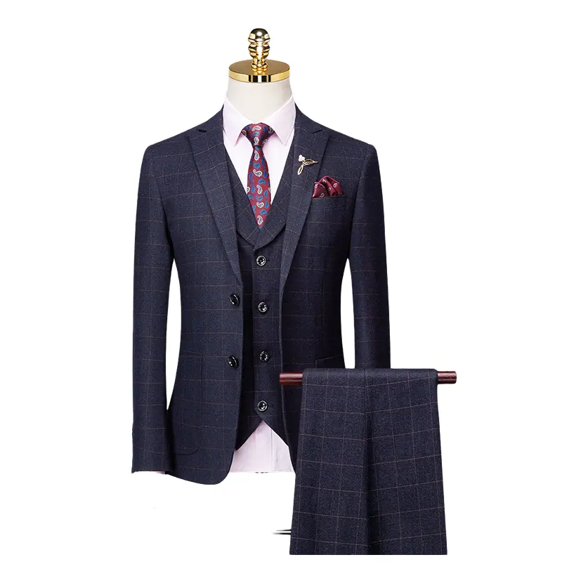 High Grade Fashion Lattice Formal Business Mens Suit + vest + trousers Groom Suits