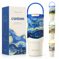 Nouveau Gobelet Isotherme 24oz à Double Paroi en Acier Inoxydable 316 avec Revêtement Céramique Intérieur, Motif Peinture à l'Huile, avec Poignée et Paille