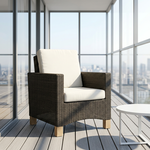 Contemporary Rattan <b>Garden</b> Chair With White <b>Cushions</b> Teak Legs <b>Outdoor</b> Furniture - Product Image 6
