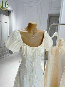 Vestido Midi de Encaje Floral Color Nude, Vestido Midi de Encaje Floral con Cuello Cuadrado, Vestido Tejido de Poliéster Elegante y Femenino - Product Image 5