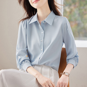Blue Satin Shirt Women Long Sleeve Solid Color Office Wear Polyester Fabric Q9960 - Product Image 1