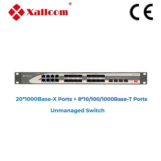 20GE SFP Fiber 8GE RJ45 Unmanaged Industrial Ethernet Switch IP40 Rack Mount Wide Voltage 85-264VAC/120-370VDC Network Switch