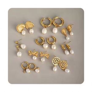 เครื่องประดับแฟชั่นต่างหูห่วงโบว์สแตนเลสต่างหูทรงเรขาคณิตรูปใบไม้เปลือกหอยมุกต่างหูแบบห้อย - Product Image 1