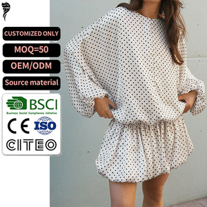 Robe Courte <span class=keywords><strong>Femme</strong></span> Personnalisée à Manches Longues à Pois, Col Rond, Fermeture Boutonnée, Taille Élastique – Idéale pour Soirées et Clubs - Product Image 1