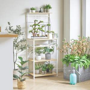 Chariot de cuisine moderne avec support en bois réglable et cadre en métal UHBR001R Étagères de rangement pour four à micro-ondes et crochets en S pour le vin - Product Image 6