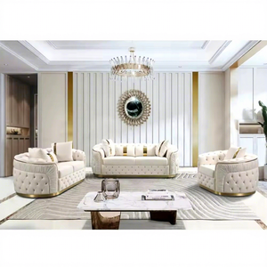 Divano Chesterfield di Lusso Europeo con Gambe Oro Rosa, Rivestimento in Velluto Bianco con Bottoni Trapuntati, Set per <span class=keywords><strong>Soggiorno</strong></span>, Arredamento per la Casa - Product Image 1