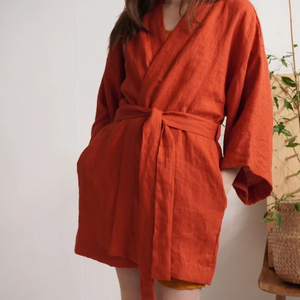 <span class=keywords><strong>Kimono</strong></span> di lino corto da <span class=keywords><strong>donna</strong></span> personalizzato abito da salotto in lino morbido abito da bagno corto in lino lavato - Product Image 3