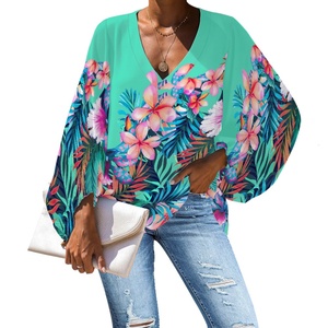 Vert Floral Femmes <span class=keywords><strong>Tunique</strong></span> Tops Casual Manches Longues Plage Blouse Loose Fit Hawaiian Blouses et Chemises pour Femmes Impression Personnalisée - Product Image 1