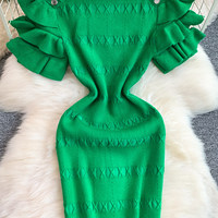 Nouvelle Robe Moulante Femme Automne 2026 en Maille Bleue à Manches Volants, Taille Haute, Boutons Décoratifs, Longueur Genou, Chic Bureau et Quotidien, Vente en Gros