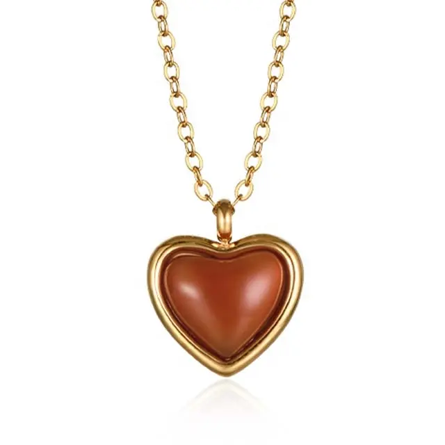 Favourite Red Agate Heart Shaped Pendant Necklace 18k Gold Plated Stainless Steel Chain Fashion Jewelry Necklace