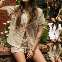 Deux pièces femme soleil protéger solide tricot chemise short ensemble coupe ample tenue de plage au-dessus du genou Maillet De Bain FEMM