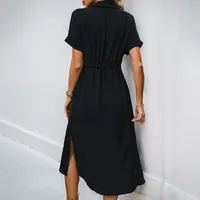 Robe chemise pour femme, été, décontractée, coupe ajustée, détail poche, couleur unie, disponible en noir, bleu marine, vert foncé, vente en gros