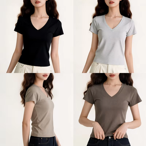 <span class=keywords><strong>Camiseta</strong></span> de Algodón para <span class=keywords><strong>Mujer</strong></span>, Hombros Descubiertos, Cuello en V, Elástica, Ajustada, Color Sólido, Manga Corta, Estilo Casual de Verano, Transpirable y Suave - Product Image 4