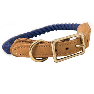 Classic Leather Dog <b>Collar</b> with Brass Buckle and Blue Rope Design for Medium Breeds - Product Image 1