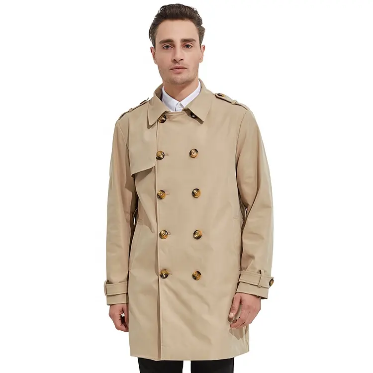 İlkbahar ve sonbahar erkek yaka ceket rüzgar geçirmez bel kemeri kruvaze rahat uzun trençkot erkek ceket