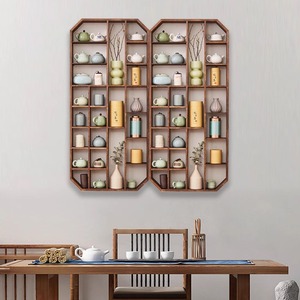 Estante de pared rectangular de madera de paulonia quemada con múltiples compartimentos para exhibir y almacenar juegos de té, ideal para salas de té. - Product Image 3
