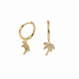 Summer earrings huggie sterling silver jewelry gold plated dangle zircon palm tree hoop earrings