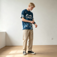 T-shirt délavé à l'acide bleu tie-dye effet soleil, impression Kornit DTG Fuji Wave, style streetwear japonais vintage, décontracté