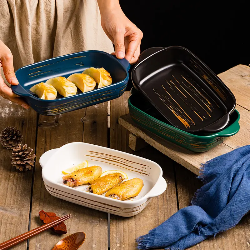 Mat Zwart Wit Keramische Porselein Bakvormen Lasagne Brood Pannen Magnetron Au Gratin Dish Bakken Plaat Met Handvat