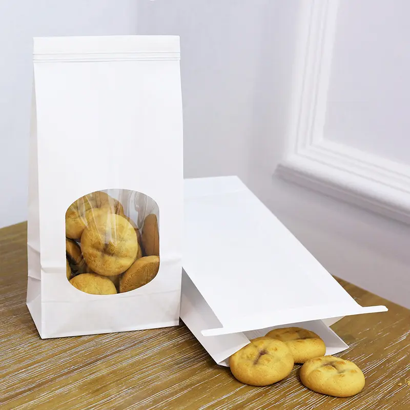 Tas Makan Siang Kertas Kraft Putih Tahan Lama Daur Ulang untuk Makanan Ringan Nasi Bungkus Roti Kertas Kraft Kecil dengan Jendela Bening
