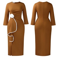 Gaun Wanita Plus Size Elegan D612 dengan Kerah Bulat, Detail Bunga 3D, Ruffle di Bagian Bawah, Model Bodycon Chic, A-Line