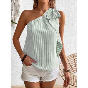 เสื้อผู้หญิงลายทางแบบไหล่เดียว แขนกุด เสื้อฤดูร้อนลำลองสำหรับวันหยุด ผ้าป๊อปลินระบายอากาศได้ดี - Product Image 1