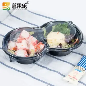 2-Division PET Plastic Clamshell Box Printed Salad Container for Takeaway Fruit Cutting and Lunch for Food Industry Use