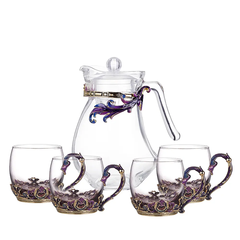 NOSHMAN Bestseller 5PCS Emails im europäischen Stil Blume Kristallglas Tee Getränke tasse Löffel Set Glaskrug mit 1300ml Wasserkocher