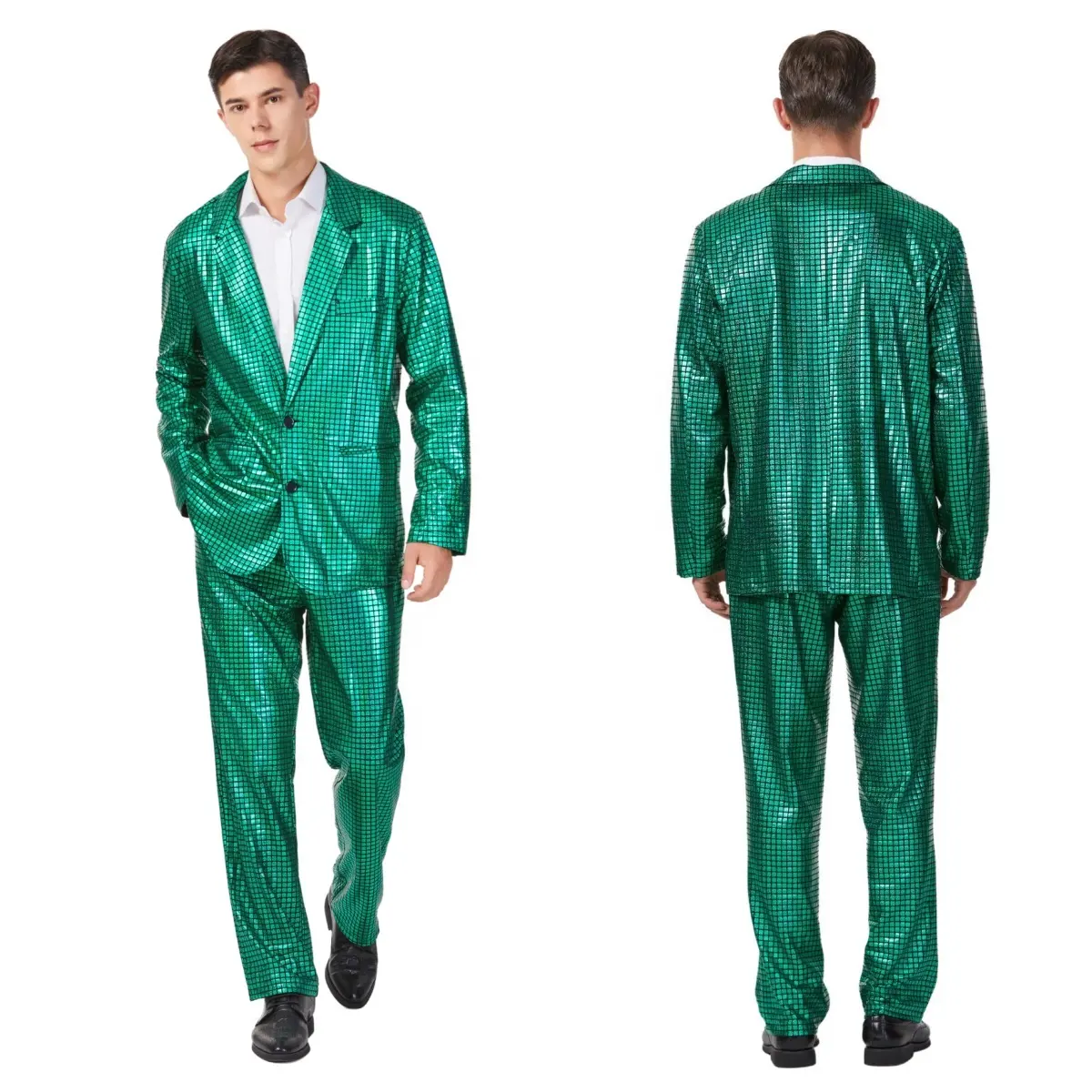 Erkek yeşil lazer pullu ceket ve pantolon yetişkin Polyester balo doğum günü partileri ve cadılar bayramı disko için Suit