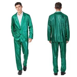Chaqueta y pantalones de lentejuelas láser verde para hombre, traje de fiesta de poliéster para adultos para fiestas de cumpleaños y discoteca de Halloween