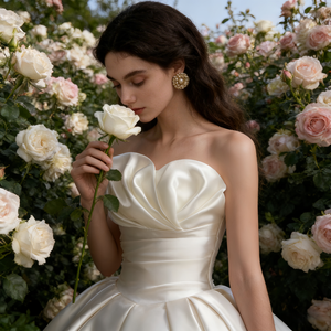 Abiti <span class=keywords><strong>da</strong></span> sposa senza spalline per spose <span class=keywords><strong>taglie</strong></span> forti, linea ad A, con fiocco, vita naturale, in raso nuziale, stile francese, design elegante e semplice, con corpetto a bustino - Product Image 3