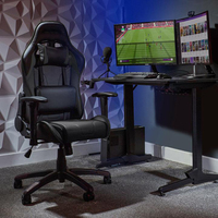Chaise de jeu classique en similicuir noir avec base en nylon, support lombaire ergonomique, inclinaison réglable et accoudoirs 2D pour ensembles table et chaise