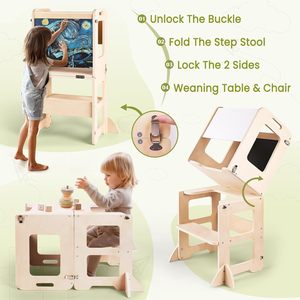 Tour <span class=keywords><strong>d</strong></span>'apprentissage pliable en bois pour enfants, marchepied de cuisine, ensemble convertible 4 en 1, bureau et chaise - Product Image 1