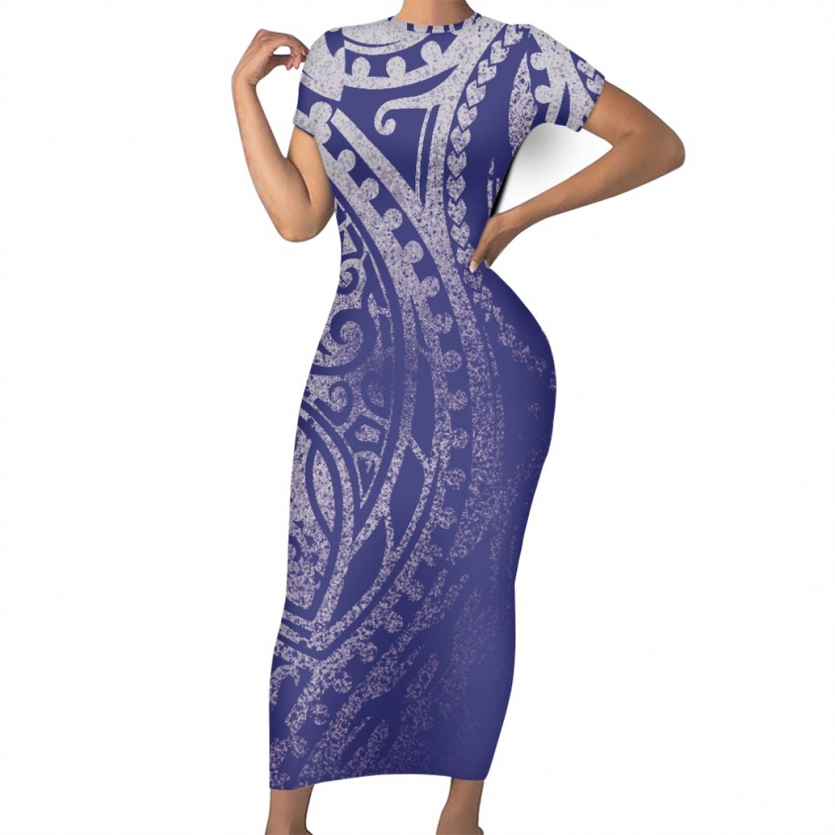 Shop Our Vintage Pattern Short Sleeve Dress - Maxi Blue Polynesian Print