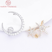 Broche Étoile et Lune en Laiton Plaqué Or 24K avec Micro-Pavé de Zirconiums Clairs et Plateau de Sertissage pour Perles, Accessoires de Bijouterie DIY pour Vêtements, Vente en Gros