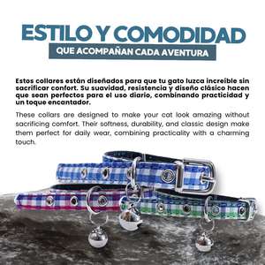 Collare regolabile per gatti Yommy, blu a quadri con campanello, in morbido nylon per gatti - Product Image 5