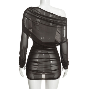 Viviblook Y26DS353 Nouvelle Robe Courte Femme Unie Sexy en Maille Transparente à Col Bateau et Épaules Dénudées à Manches Longues - Product Image 5