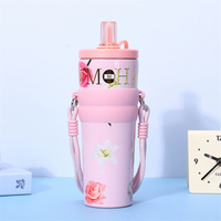 Bouteille d'eau isotherme classique en acier inoxydable de 710 ml avec paille, motif fleur rose, tasse thermos pour café, idéale pour le bureau