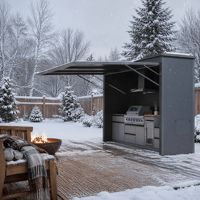 All-in-One Outdoor-Kochstation mit Aluminiumrahmen, Betonoptik-Schrank, integriertem Kühlschrank und Dunstabzugshaube, Wetterfest