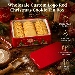 Boîte en métal rectangulaire rouge personnalisée avec logo pour biscuits <span class=keywords><strong>de</strong></span> Noël, idéale pour l'emballage <span class=keywords><strong>de</strong></span> pâtisseries <span class=keywords><strong>de</strong></span> saison - Product Image 1