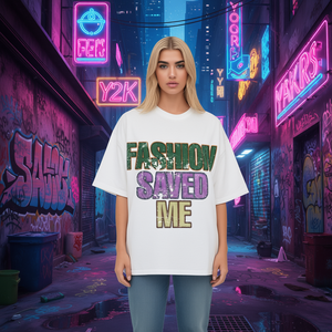 T-Shirt Oversize con Stampa 'Fashion Saved Me' per Bambini, Girocollo in Jersey 100% Cotone, Stile Streetwear Y2K - Product Image 2