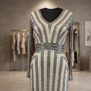Collection Printemps-Été 2020 – Robe de Soirée Formelle Longue Plissée à Col en V et Paillettes, Taille Naturelle, Style Sling, Luxe Personnalisé pour Femme - Product Image 2