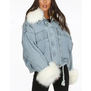 2024 mùa đông của phụ nữ áo khoác & Áo khoác jean quá khổ chaqueta mujer denim jaket lông thời trang Áo khoác phụ nữ tiêu chuẩn trùm đầu rửa