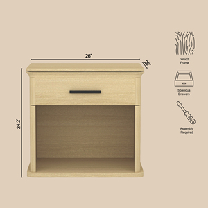 Nightstand In Natural Oak With Drawer And <b>Open</b> Shelf <b>Storage</b> For Bedroom Use - Product Image 4