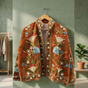 Luxury Rust <b>Velvet</b> Floral Embroidery Jacket <b>Women</b> Boho Chic Stand Collar Short <b>Coat</b> Traditional Indian Handicraft Outerwear - Product Image 1